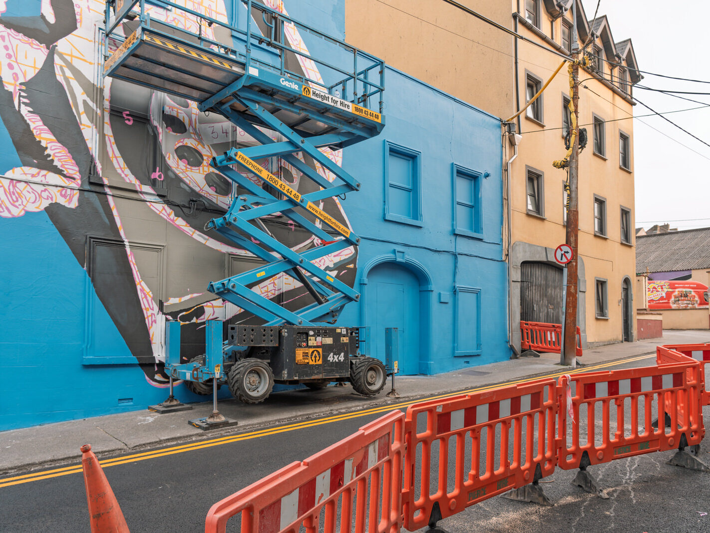 The work in question is located on a derelict building opposite or in the immediate vicinity of Henry Downes & Co., a historic pub at 10 Thomas Street.