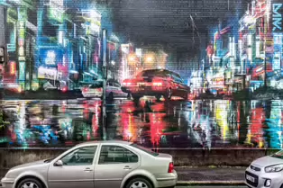 EXAMPLES OF STREET ART BY DANK AND SABEK [ON THE RED BRICK WALL ON TALBOT STREET IN BELFAST]-235443-1 MURAL ON TALBOT STREET