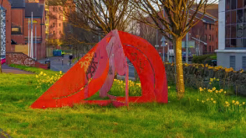 RED METAL SCULPTURE Based on these sources, it is safe to say that the sculpture is indeed called "Greenland 1983" and was created by Bob...