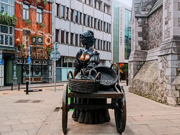 MOLLY MALONE The bronze statue of Molly Malone, a buxom fishwife pushing a cart, currently resides on Suffolk Street, having been...