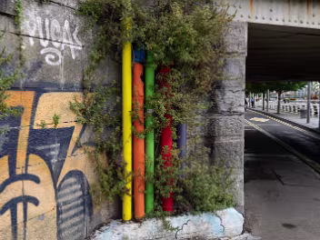 REALLY LARGE MURAL Dynamic patterns and bright colors of Digo Diego's mural covering the Honan's Quay building, illustrating the artist's...