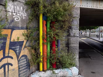 REALLY LARGE MURAL Dynamic patterns and bright colors of Digo Diego's mural covering the Honan's Quay building, illustrating the artist's...