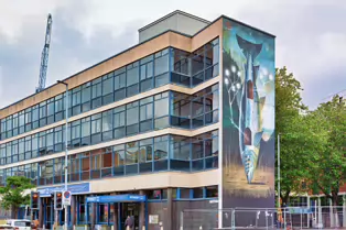 FLYING FIGURES SCULPTURE BY ELISABETH FRINK HAVE BEEN REPLACED BY THE SALMON OF KNOWLEDGE [BELFAST MAY 2025]-252028-1