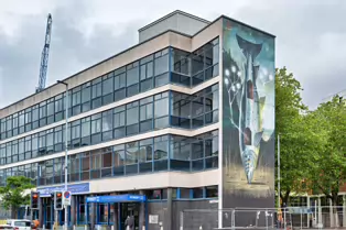 FLYING FIGURES SCULPTURE BY ELISABETH FRINK HAVE BEEN REPLACED BY THE SALMON OF KNOWLEDGE [BELFAST MAY 2025]-252029-1