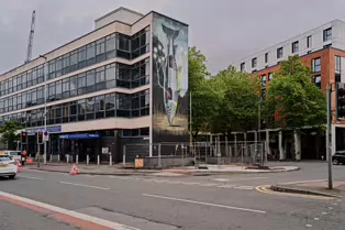 FLYING FIGURES SCULPTURE BY ELISABETH FRINK HAVE BEEN REPLACED BY THE SALMON OF KNOWLEDGE [BELFAST MAY 2025]-252030-1