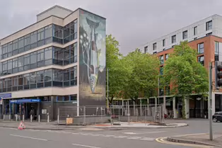 FLYING FIGURES SCULPTURE BY ELISABETH FRINK HAVE BEEN REPLACED BY THE SALMON OF KNOWLEDGE [BELFAST MAY 2025]-252032-1