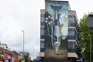 FLYING FIGURES SCULPTURE BY ELISABETH FRINK HAVE BEEN REPLACED BY THE SALMON OF KNOWLEDGE [BELFAST MAY 2025]-252034-1