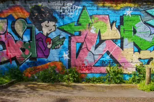 A LINEAR GALLERY OF STREET ART [ON FERRY WALK LEADING TO THE SHAKEY BRIDGE]-247699-1