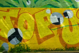 A LINEAR GALLERY OF STREET ART [ON FERRY WALK LEADING TO THE SHAKEY BRIDGE]-247702-1