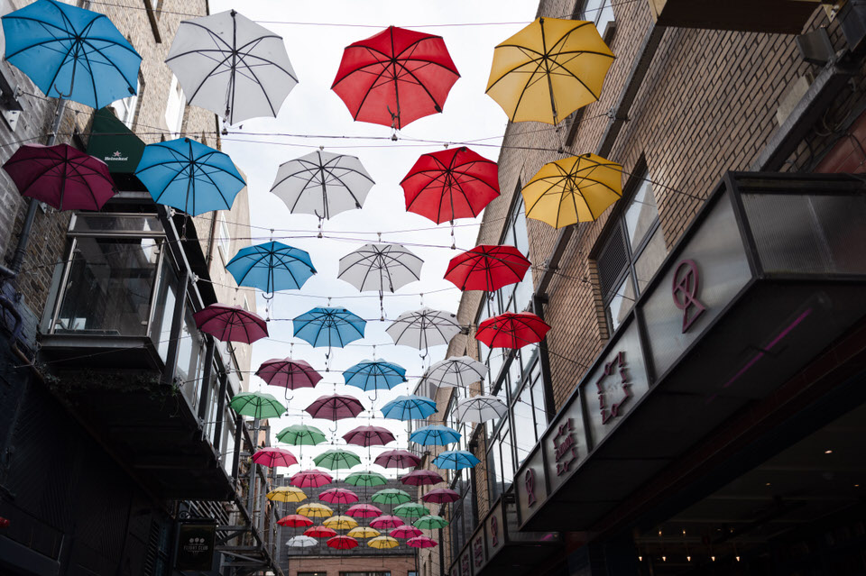Umbrellas And Industrial Wheelie Bins